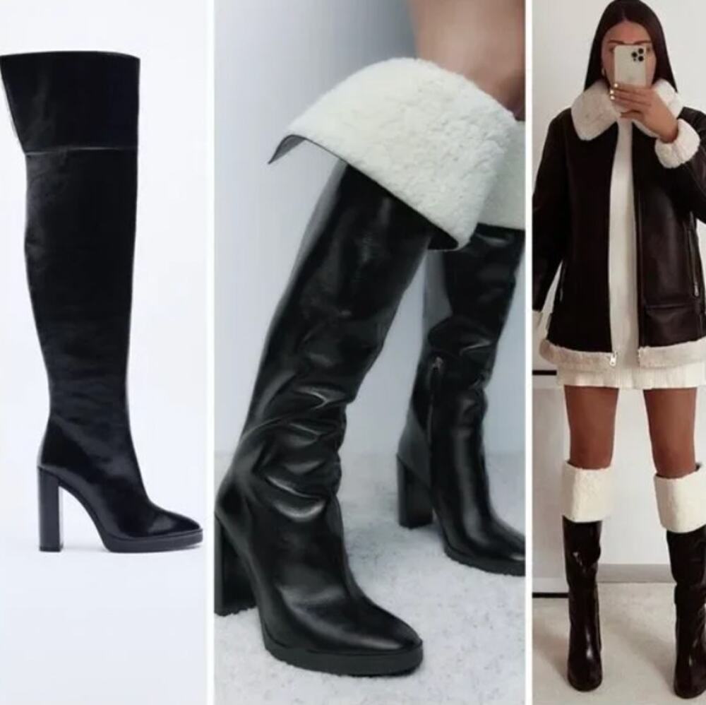 Zara Black Leather Knee High Boots with Shearling NWOT Size 40 / 9
